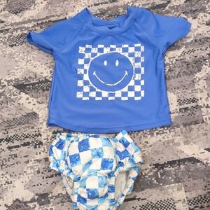 6-12 Months Blue Checkered Smiley Face Baby Swim Two Piece
